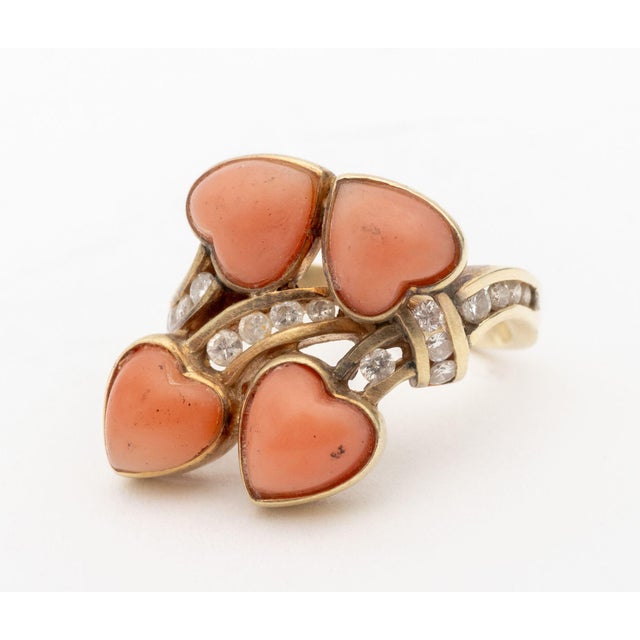 Contemporary Vintage Modernist 14k Yellow Gold Coral Diamond Ring For Sale - Image 3 of 7