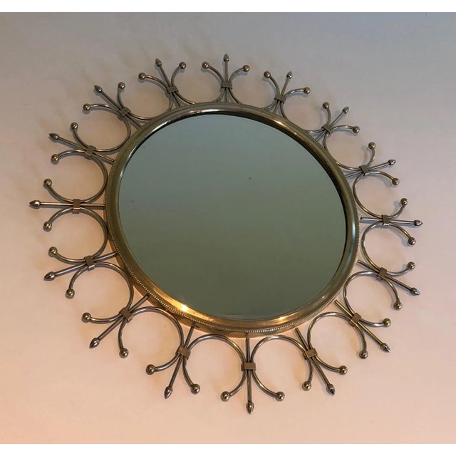 Brass Circa 1970 French Brass and Brushed Steel Sunburst Mirror For Sale - Image 8 of 13