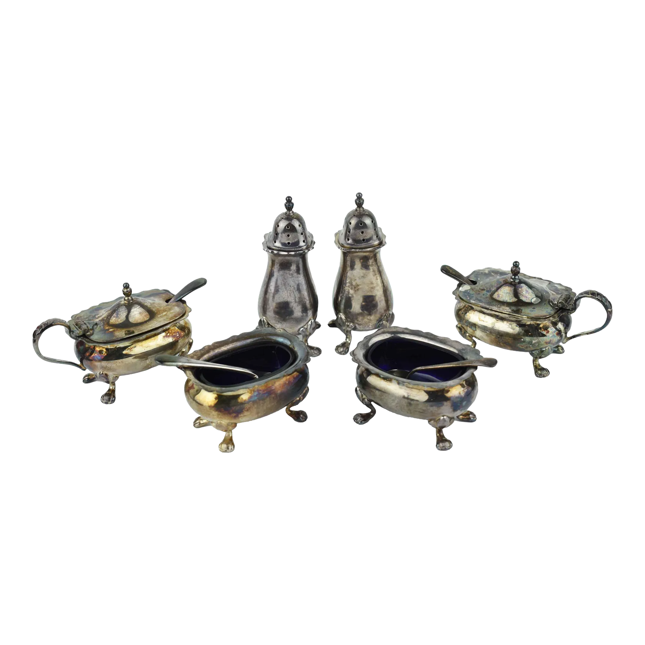 1930's Walker & Hall Silver Plated Condiment Set With Cobalt Blue