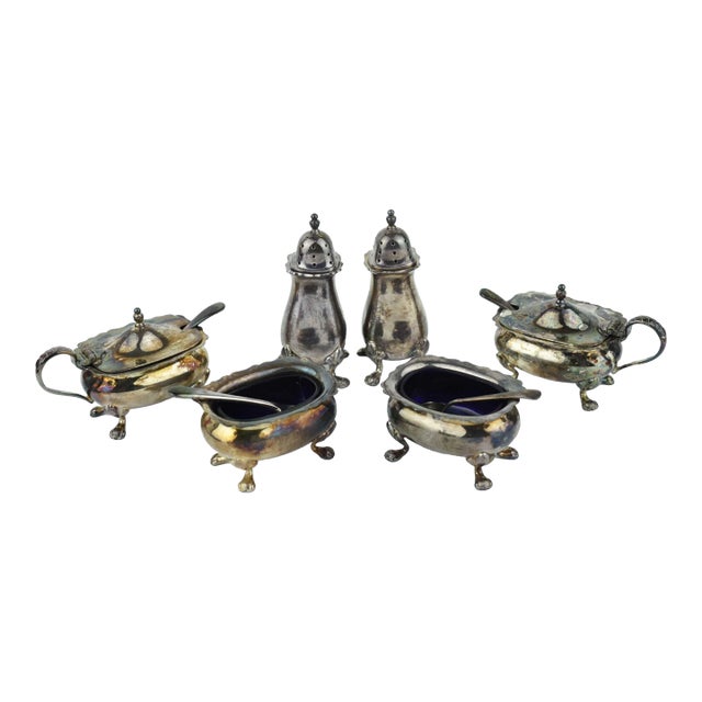 1930's Walker & Hall Silver Plated Condiment Set With Cobalt Blue Glass Inserts Sheffield England- 10 Pieces For Sale