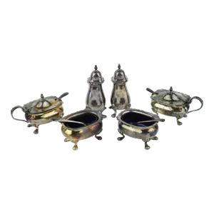 1930's Walker & Hall Silver Plated Condiment Set With Cobalt Blue Glass Inserts Sheffield England- 10 Pieces