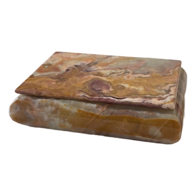Vintage Onyx Stone Box, Banded Marble Jewelry Box, Heavy Calcite Trinket Box, Natural Stone Storage, Decorative Keepsake Box For Sale