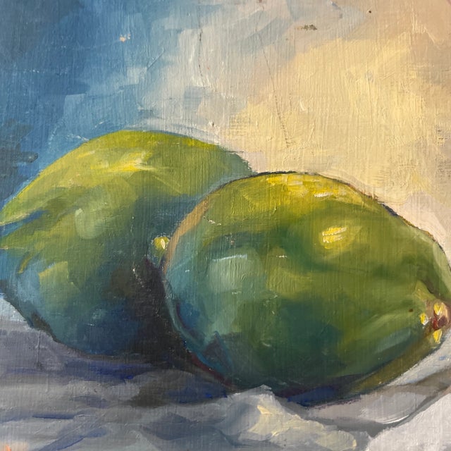 Early 21st Century Whitney Kreb Original Oil Still Life – “Limes on White Cloth” | Nantucket Artist, Hand-Painted Faux Mat on Board For Sale - Image 5 of 11