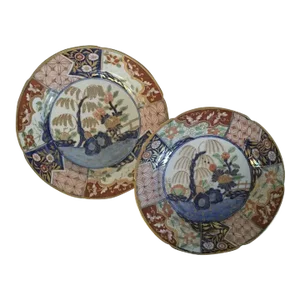 1805 Coalport Porcelain Imari Plates in Rock & Tree Pattern - A Pair