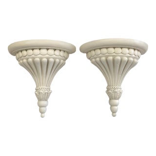 Michael Taylor Carved Wood Wall Brackets in Satin Ivory Finish For Sale