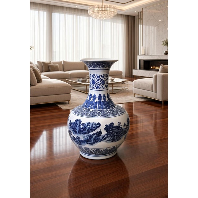 1930s Large Blue White Globular Vase Landscape Pavilions Apocryphal Six-Character Mark For Sale In Salt Lake City - Image 6 of 14