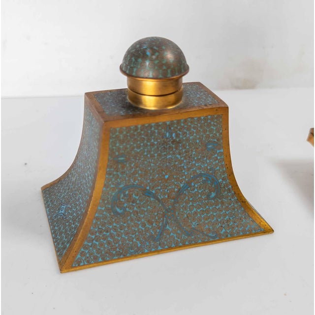 20th Century Chinese Turquoise Teal Cloisonne Enamel Desk Set For Sale - Image 4 of 15