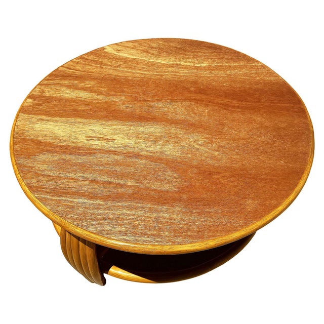 1950s Restored Mid-Century Five-Pole Rattan & Mahogany Coffee Table W/ Tri-Corner Base For Sale In Los Angeles - Image 6 of 10