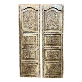 Vintage Hand-Carved Floral Double Door – Reclaimed Wooden Barn Door Statement Piece 77.75 For Sale