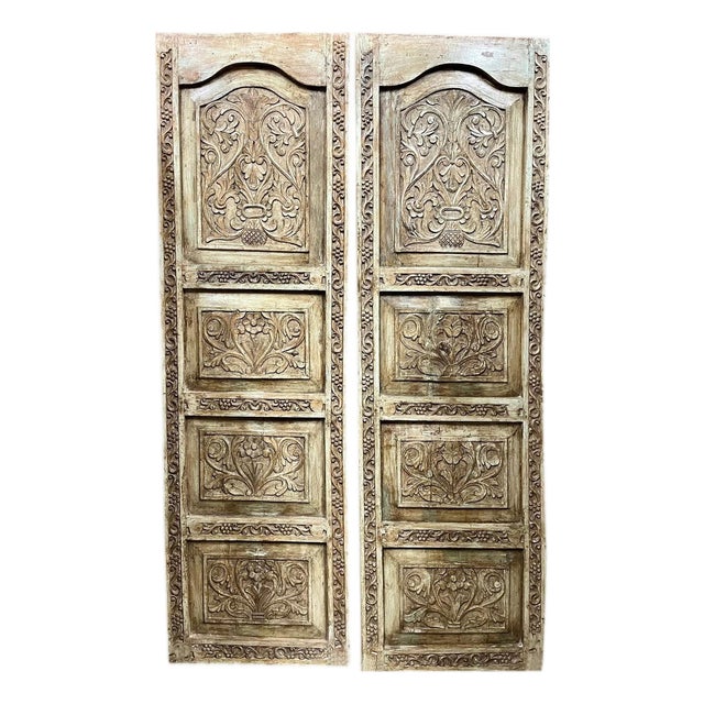 Vintage Hand-Carved Floral Double Door – Reclaimed Wooden Barn Door Statement Piece 77.75 For Sale