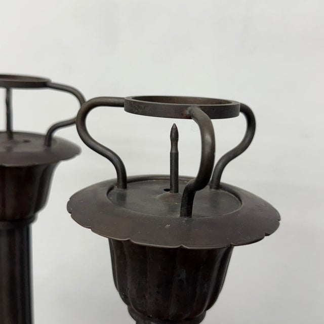 Metal Tall Metal Candle Holders with Petal Base Design - A Pair For Sale - Image 7 of 8