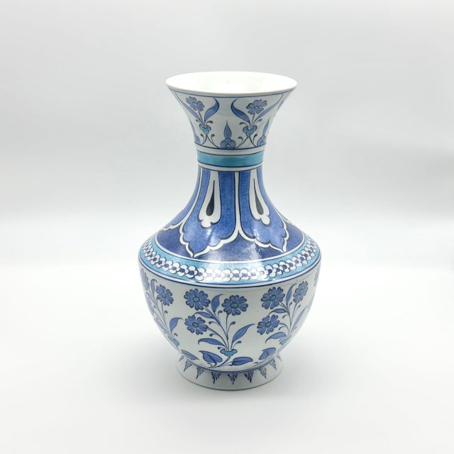 Handmade Ceramic Vase (30cm) Large Blue & White Floral Art with Geometric Neck Design – Tall Statement Decor For Sale - Image 6 of 7