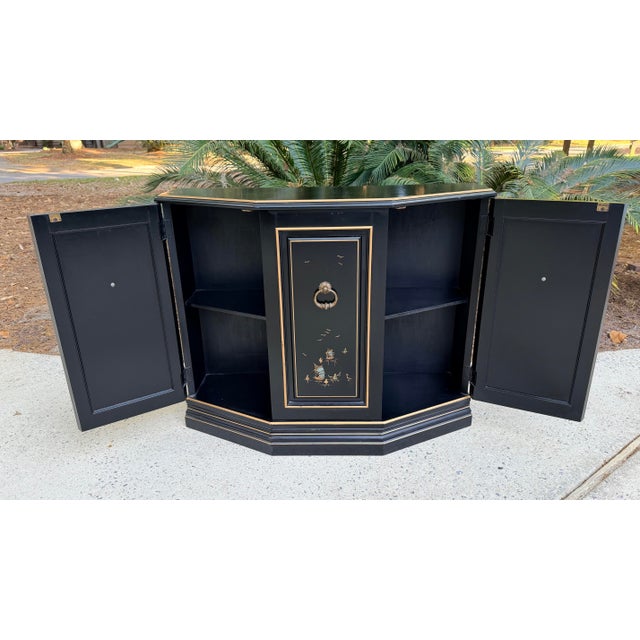 Black Lacquered Chinoiserie Handpainted Demi Lune Cabinet For Sale - Image 4 of 12