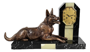 Art Deco Chimney Clock in Marble with Dog Figurine, 1930-1940s