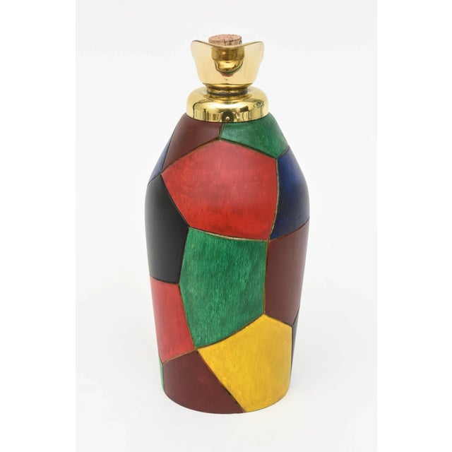 Vintage Italian Aldo Tura Style Colorful Painted Wood and Brass Cork Decanter/ Jug Barware For Sale In Miami - Image 6 of 10