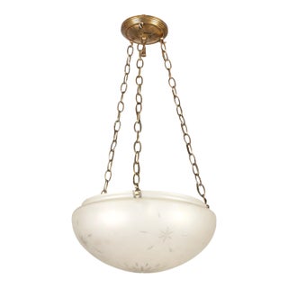Mid 20th Century Restored Frosted Etched Glass Bowl Brass Chain Pendant Light For Sale