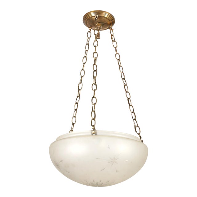 Mid 20th Century Restored Frosted Etched Glass Bowl Brass Chain Pendant Light For Sale