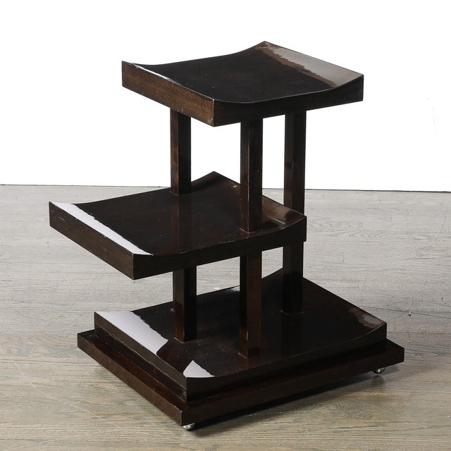 Art Deco Rectilinear Swooping Three Tier Walnut Offset Side Table W/ Plinth Base For Sale - Image 4 of 15