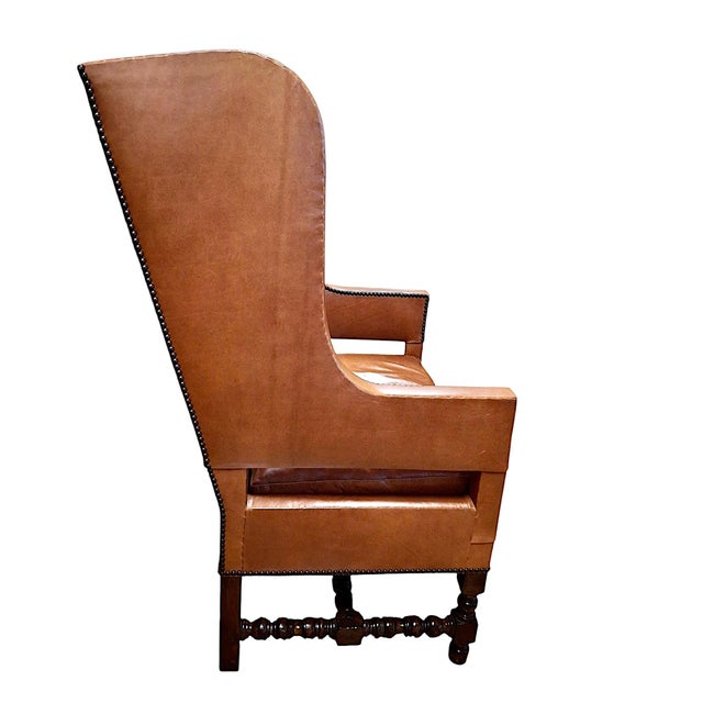 Dessin Fournir Dessin Fournir French Leather and Mahogany Wingback Chair For Sale - Image 4 of 10
