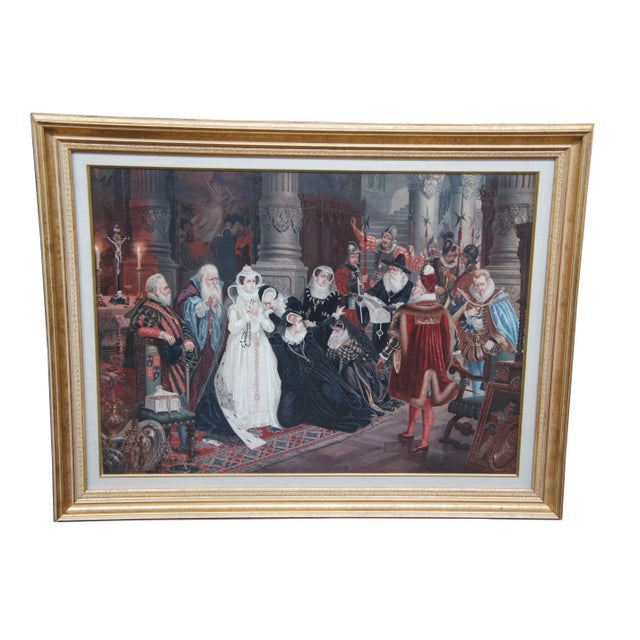 Victorian Set of 2 Vintage Elizabethan 16th Century Court Scene Framed Prints 41" For Sale - Image 3 of 12