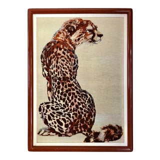 Vintage Needlepoint Jaguar Framed Textile Art For Sale