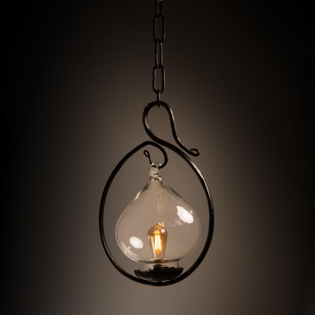 Metal Vintage Pendant Light in Glass and Ion, 1890s For Sale - Image 7 of 8
