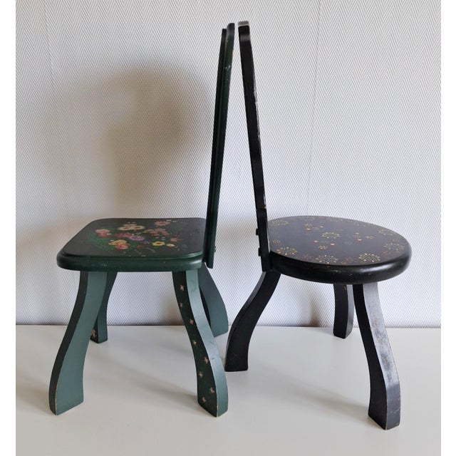 Folk Art Pair of Vintage Hand-Painted Folk Art Chairs, Scandinavian Decorative Folk Chairs, Cottage Accent Chairs For Sale - Image 3 of 17