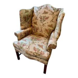 1990s Pristine Hickory Chair "Townsend" Chippendale-Style Wingback Chair in Floral Damask