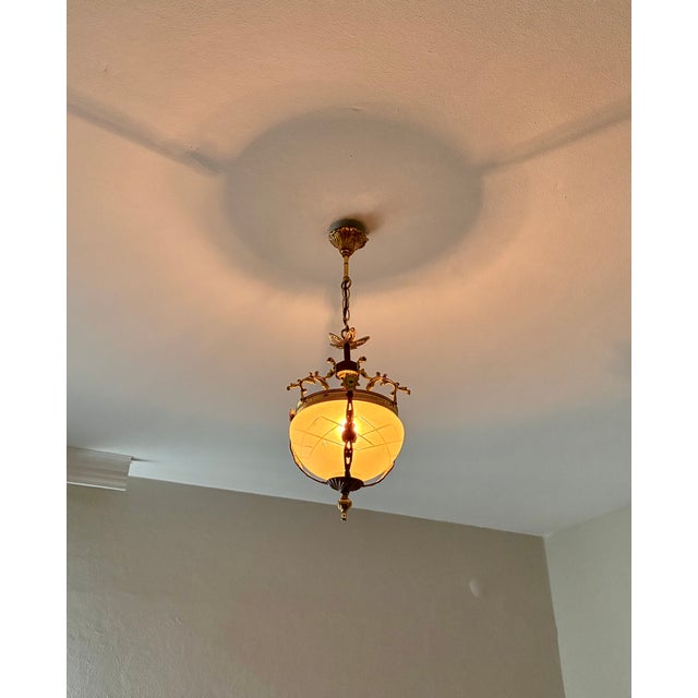 Rare 1960s French Vintage Brass & Frosted Glass Pendant Chandelier A rare, highly collectible 1960s French vintage...