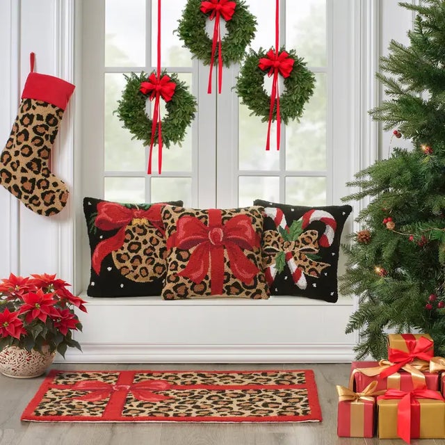 Transitional Leopard & Red Bow Present Holiday Pillow For Sale - Image 3 of 4