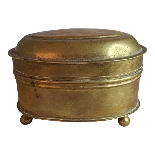 Antique 19th Century Oval Brass Tobacco Box – Hinged Keepsake or Trinket Casket For Sale