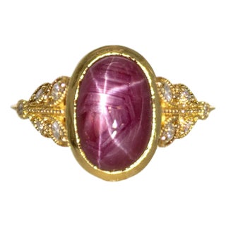14k Solid Gold 6.8cts Star Ruby Ring With Earth Mined Diamond Accents, Size 6.75 For Sale