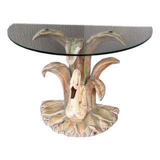 1980s Solid Wood Swan and Palm Glass Top Demilune Console For Sale