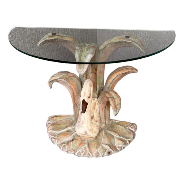 1980s Solid Wood Swan and Palm Glass Top Demilune Console For Sale