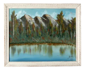 Vintage Mountain Lake Landscape Painting