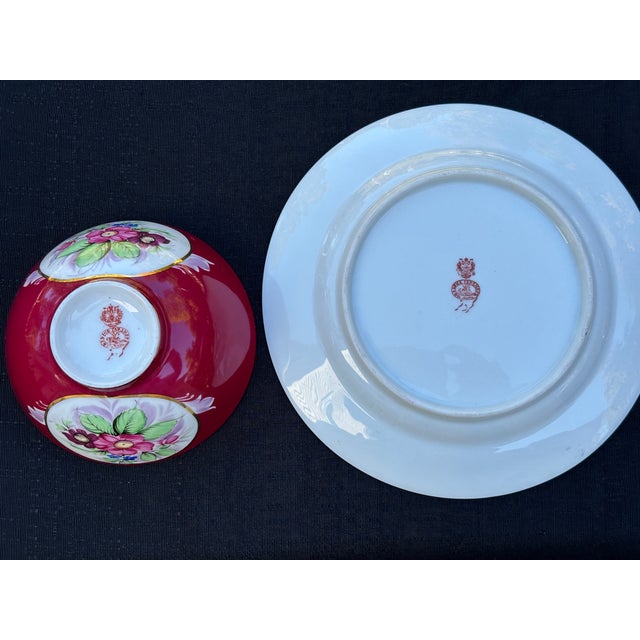 Ceramic 19th Century Imperial Gardner Porcelain Claret Red Floral Plate & Piala Bowl - Set of 2 For Sale - Image 7 of 10