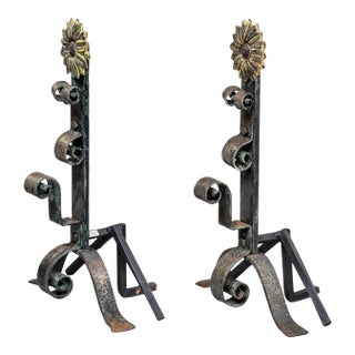 Pair Early 20th Century Sunflower Andirons & Poker For Sale