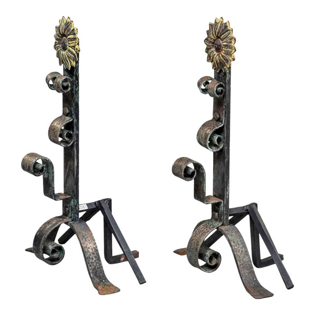 Pair Early 20th Century Sunflower Andirons & Poker For Sale