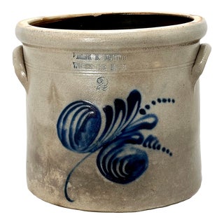 Antique American Nicely Blue Decorated 2 Gallon Stoneware Storage Crock by Frank B. Norton Worcester Mass. For Sale