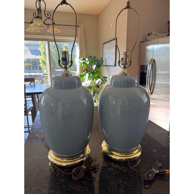 Postmodern Vintage Pair 1970s Ceramic Table Lamps Powder Blue Ginger Jar Brass Base MCM For Sale - Image 3 of 7