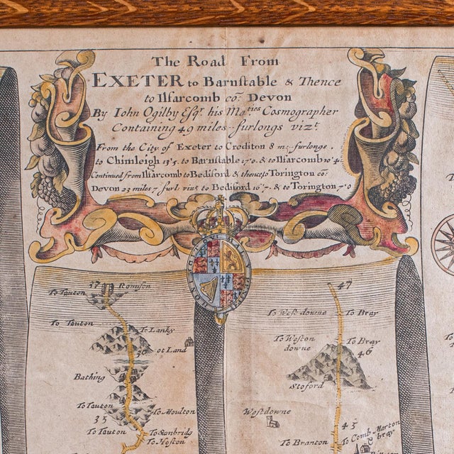 17th Century Antique Coaching Road Map, Exeter to Barnstable, English, Framed, Ogilby, c.1700 For Sale - Image 5 of 11