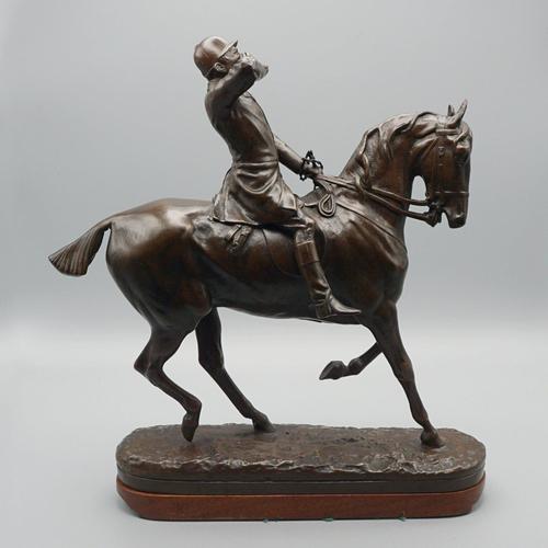 The whip' a patinated bronze sculpture by john willis good (1845-1878) depicting a young huntsman. Set over a naturalistic...