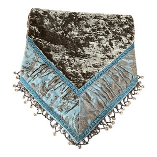 Brown and Blue 110” Long Custom Made Velvet and Damask Table Runner With Beaded Trim For Sale