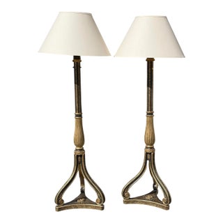 1990s Regency Style Nancy Corzine Black & Gold Floor Lamps - a Pair For Sale
