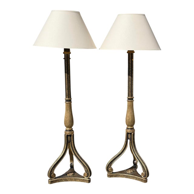 1990s Regency Style Nancy Corzine Black & Gold Floor Lamps - a Pair For Sale