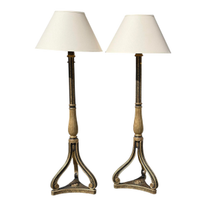 1990s Regency Style Nancy Corzine Black & Gold Floor Lamps - a Pair