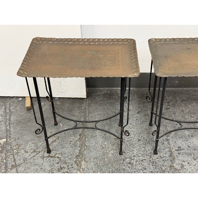 Spanish Revival Egyptian Vintage Brass Tray + Wrought Iron Side Tables, Pair For Sale - Image 3 of 12