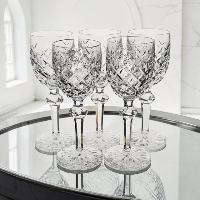 This set of five authentic Waterford Crystal Powerscourt wine glasses was produced in Ireland during the Late 20th...