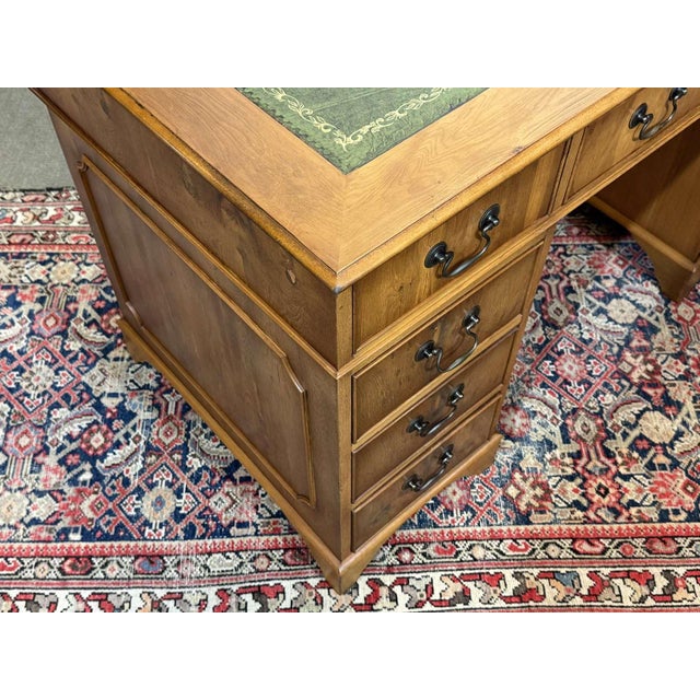 Vintage English Flat Desk with Drawers in Yew Wood with Leather Top, 1970s For Sale - Image 11 of 15