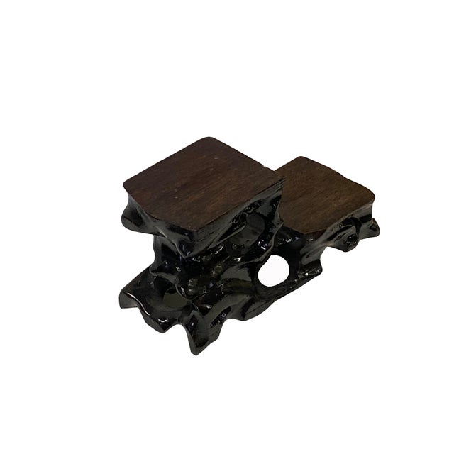 Small Miniature Two Tier Brown Carved Rock Base Look Wood Stand For Sale In San Francisco - Image 6 of 7